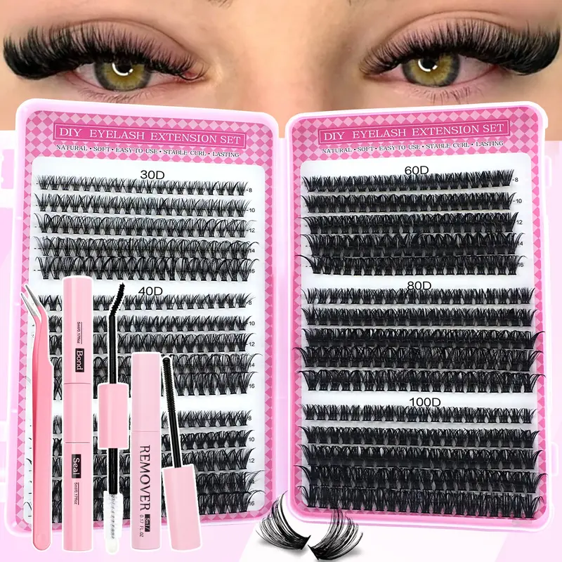 600 Pcs Eyelash Extension Kit with Glue, Tweezers, Remover Cream, Cosmetic False Lashes, Mixed 8–16 mm Lengths, Curl Lashes, Beginner-Friendly DIY Eyelash Extension Set for Home Use, Fluffy False Eyelashes
