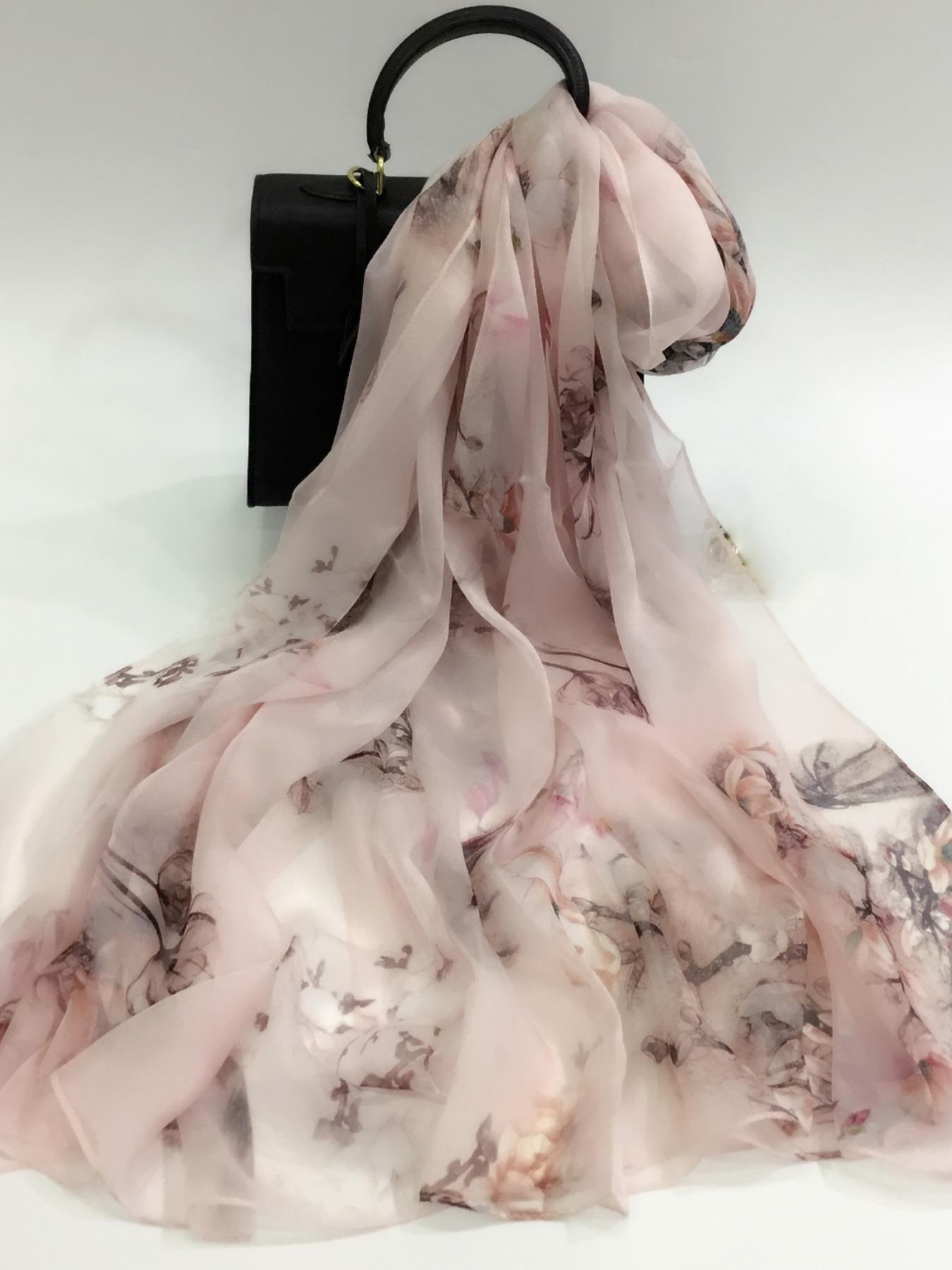 175cm*110cm Printed Silk Shawl for Women, High-End Silk Scarf, Lotus Pattern, 100% Mulberry Silk, Soft and Breathable, Ideal Gift