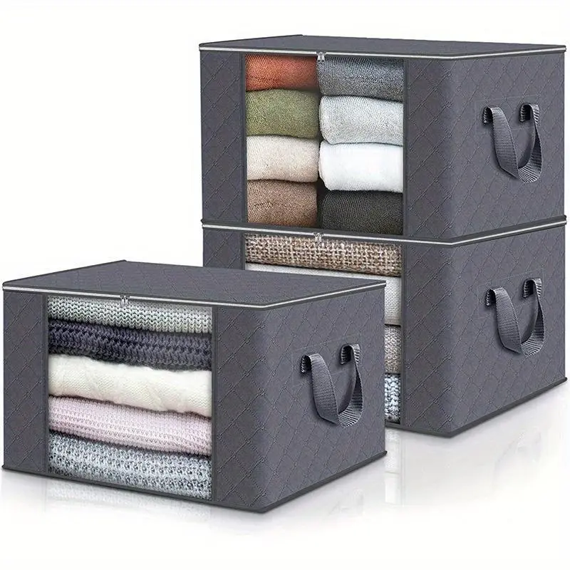 3-Pack Durable Grey Woven Fabric Collapsible Storage Bins - Large Capacity, Dustproof Reusable Fabric Storage Units with Collapsible Zip, Ideal for Daily Clothes Organization in Home, Balcony, Casual Use