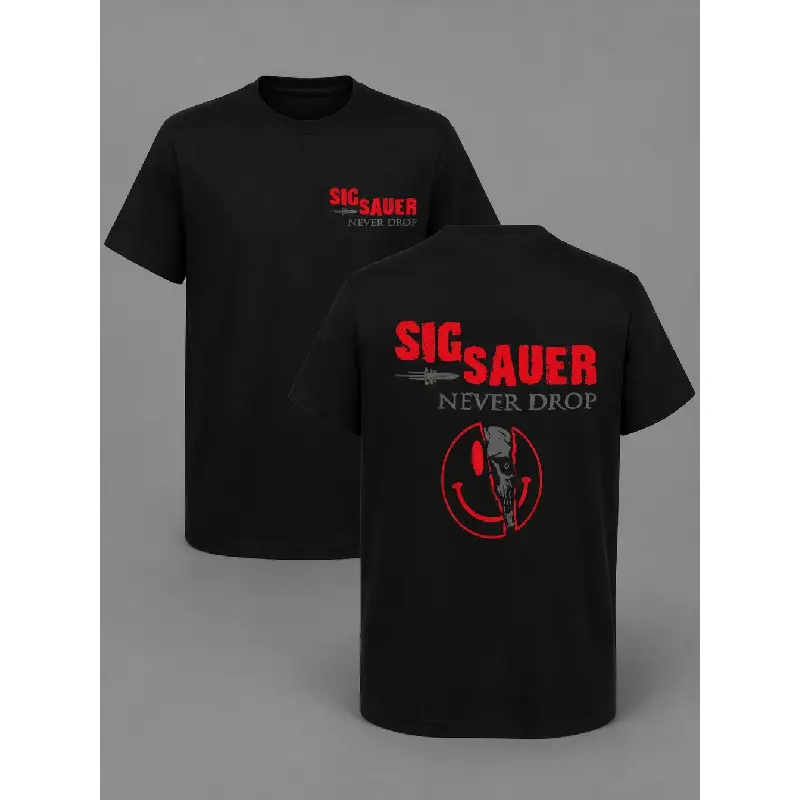 Graphic T-Shirt SIG SAUER Never Drop Tactical Tee, Firearm Enthusiast Graphic Shirt, Operator Lifestyle 2A Second Amendment Shooting Sports Range Day Military Tactical Apparel, Veteran Gift for Men, Unisex Streetwear