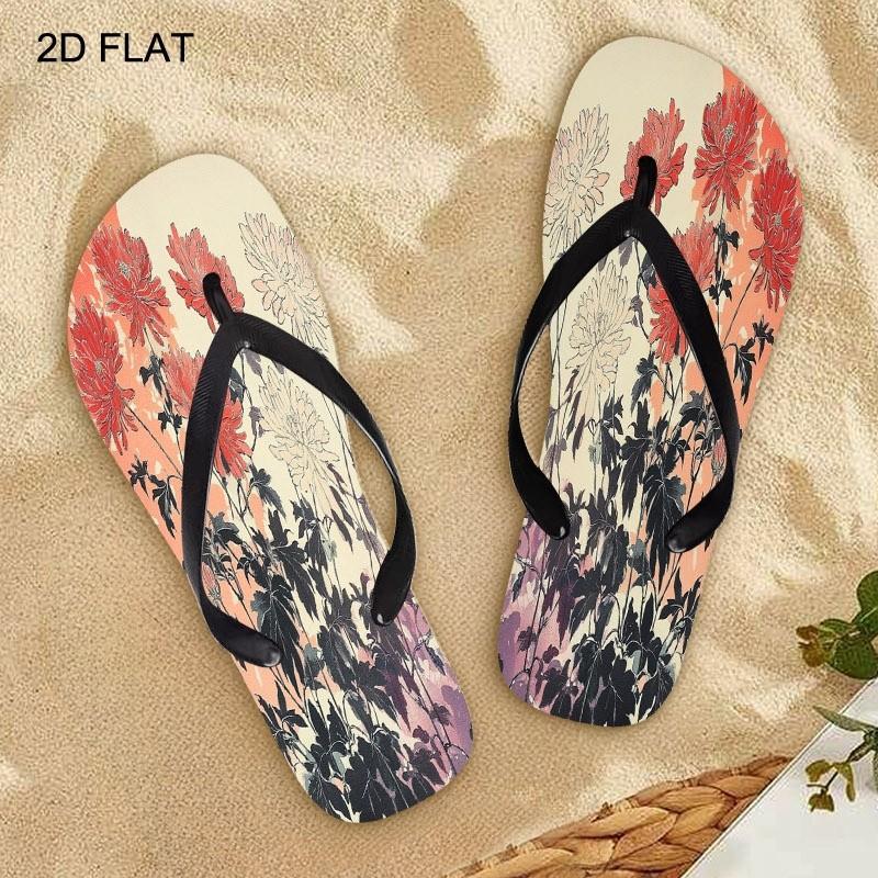 Women's Flip Flops, Artistic Chrysanthemum Print, Multiple Colors & Sizes Available, Comfortable Stylish Sandals for Daily Wear, Casual Summer Beach Shoes, Trendy Ladies Fashion Footwear, Women Shoes