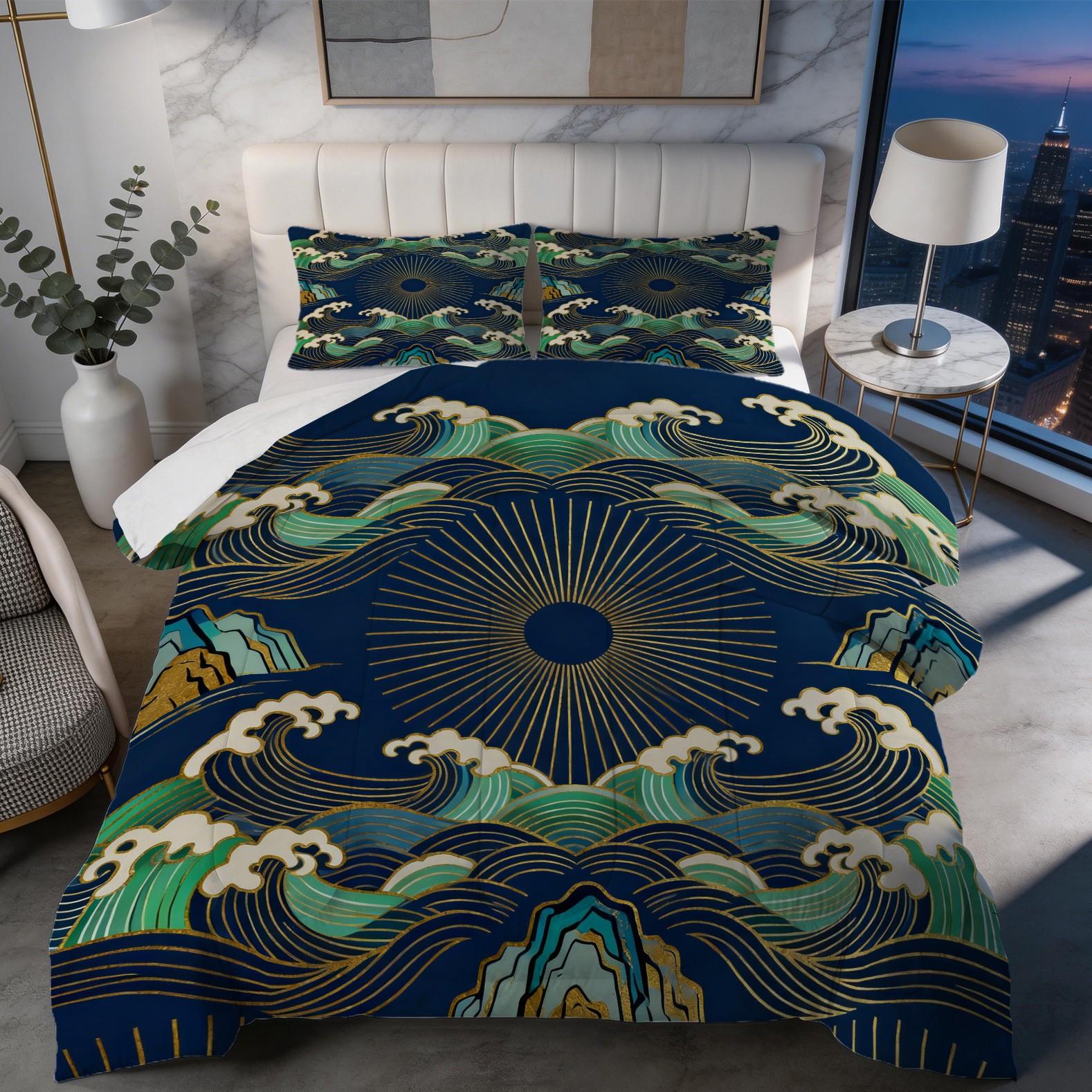 2/3 Piece Japanese Wave Sun Comforter Set | Gold Foil Great Wave HD Print Bedding Set | Soft Lightweight U-Quilted Quilt | For Bedroom Dorm (Pillows Not Included)