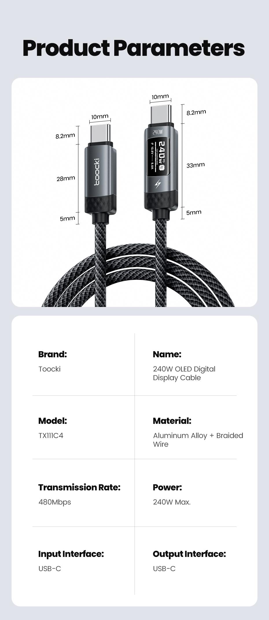 Toocki 240W  Super Fast Charging USB C To USB C Cable Smart OLED Digital Display Type C Cable PD 3.1 SFC 2.0 Fast Charge For iPhone 17 16 15 Pro MAX Macbook Airpods Samsung S24 Xiaomi