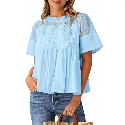 Cicy Bell Womens Babydoll Lace Blouses Short Sleeve Ruffle Crew Neck Peplum Tops Dressy Casual Loose Fit Shirts