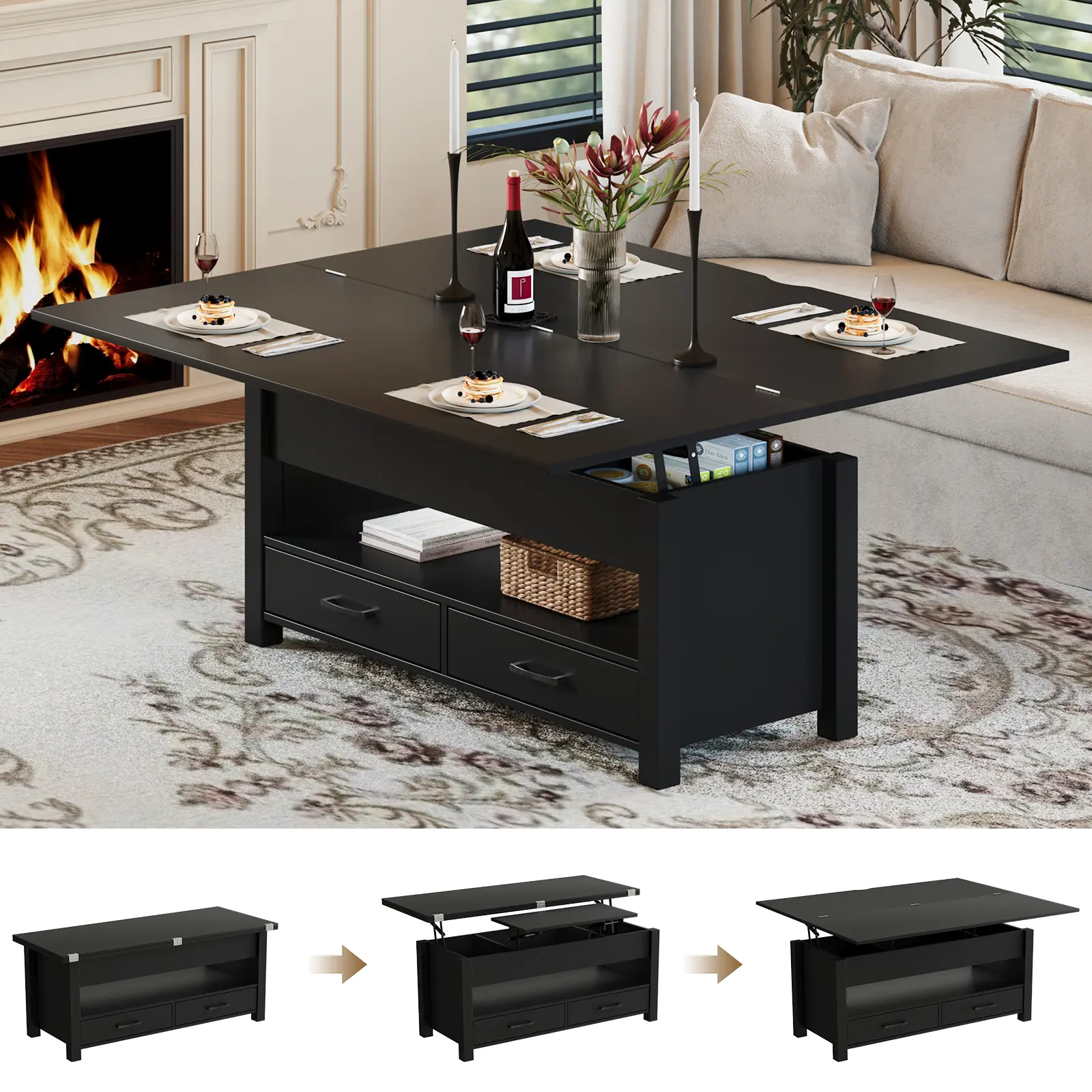 40" Convertible Coffee Table Lift Top - 3 in 1 Multi-Function Coffee Table with Drawers and Hidden Compartment, Converts to Dining Table for Living Room