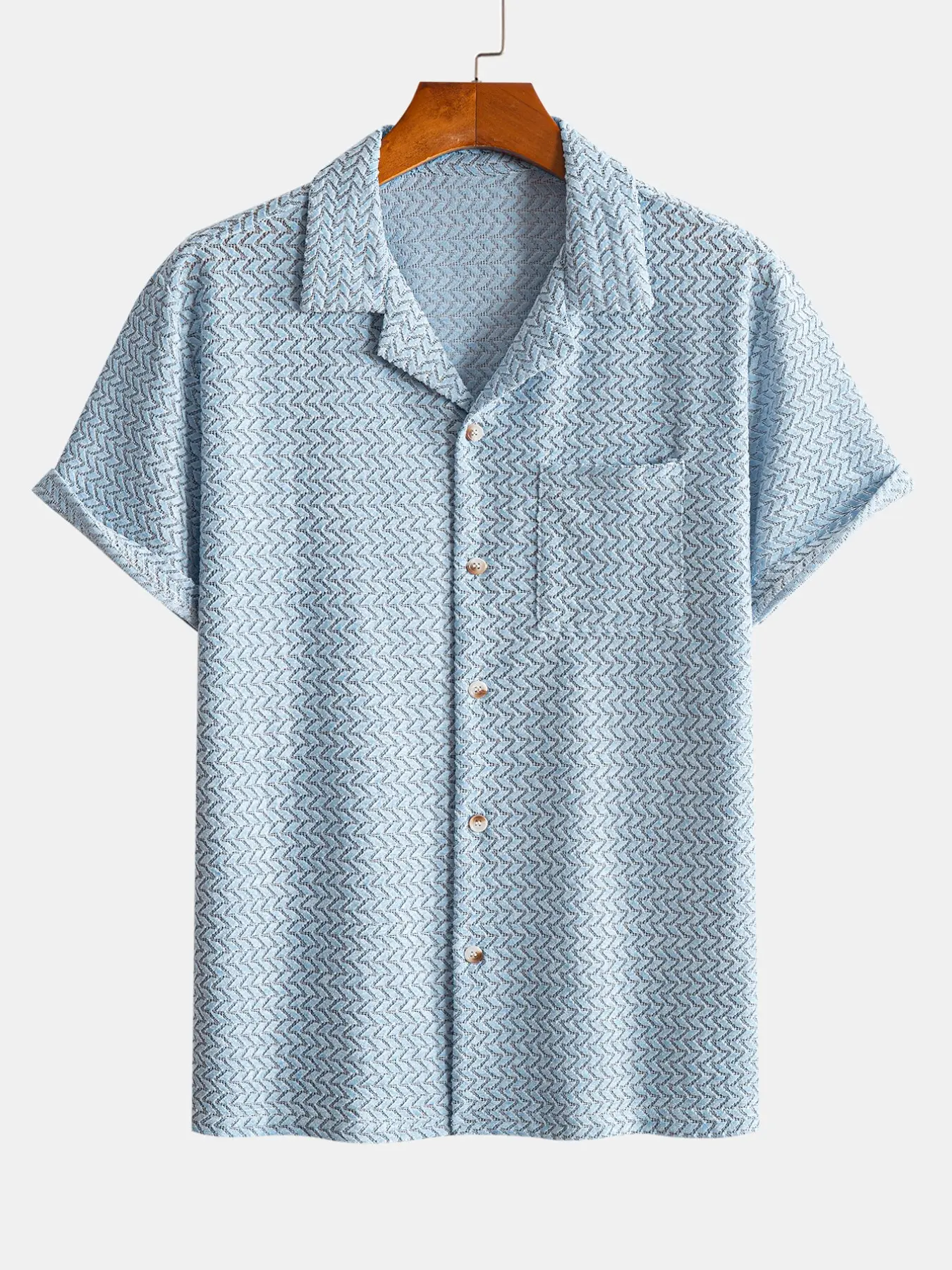 Men's Herringbone Hollow Knit Camp Collar Short Sleeve Shirt, Breathable Textured Button Down, Casual Shirts for Summer Beach Vacation