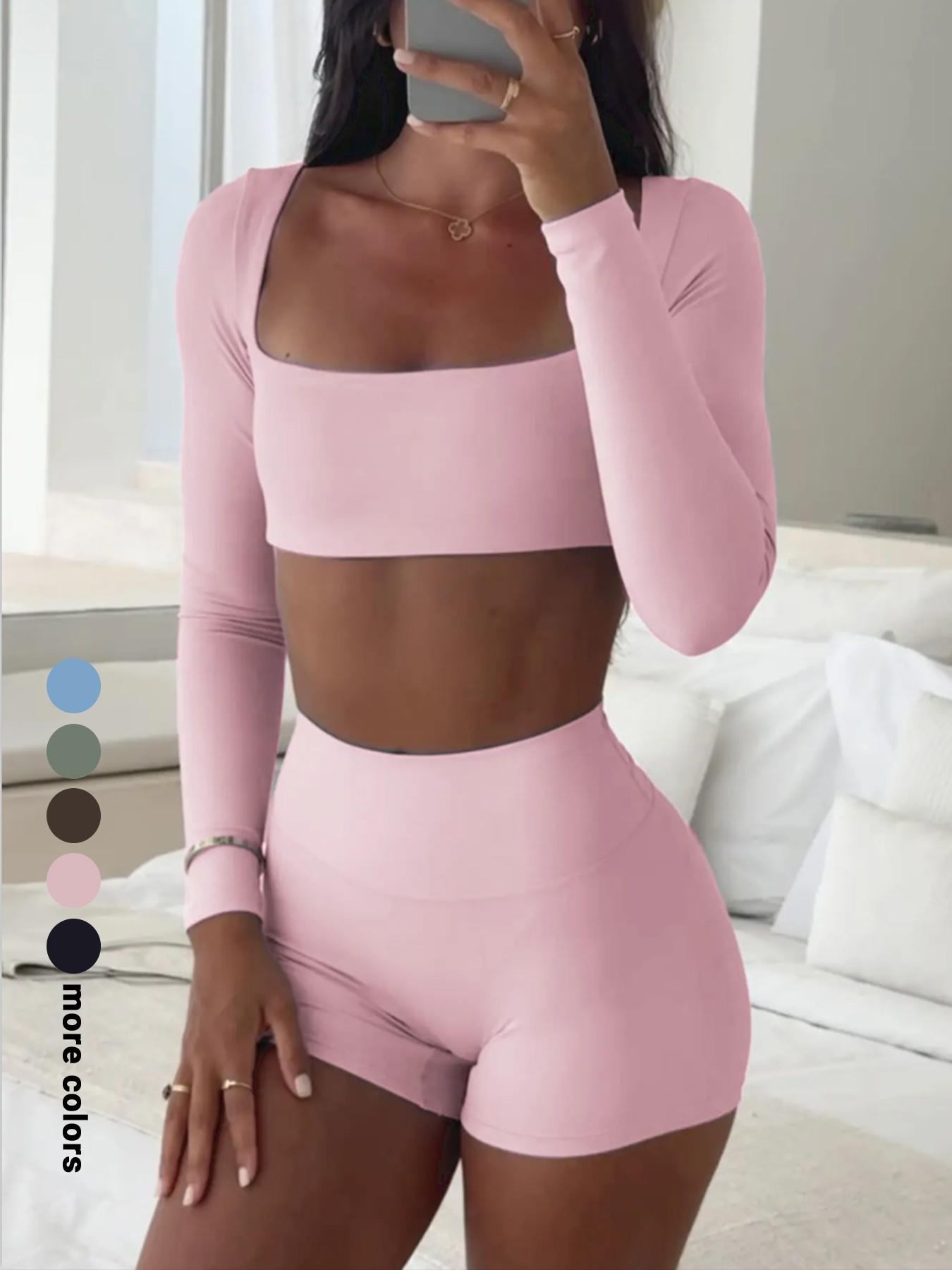 Women's Casual Sporty Long Sleeve Top & Shorts Set, Slim-Fit Thin Fabric for Fall Season, Comfortable Daily Wear Apparel, Sweatsuit Set