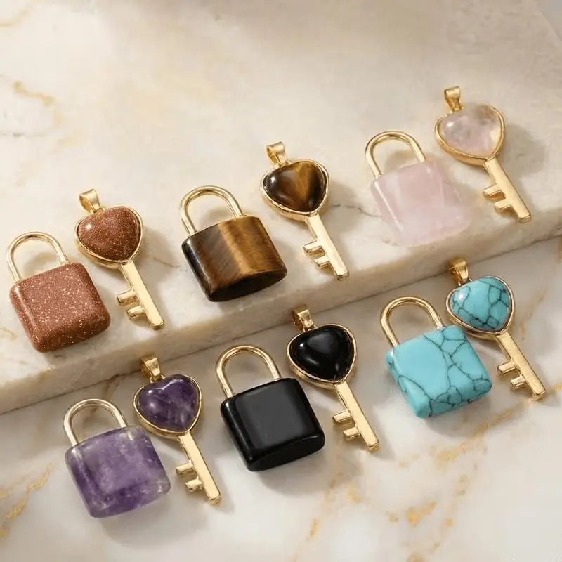 12Pcs Stone Key & Lock Set - 6 Keys & 6 Locks with Tiger Eye, Amethyst, Obsidian, Rose Quartz, Turquoise Stones for DIY Making, Gifts, Crafts, Polished Gemstones for Necklace & Keychain Accessories