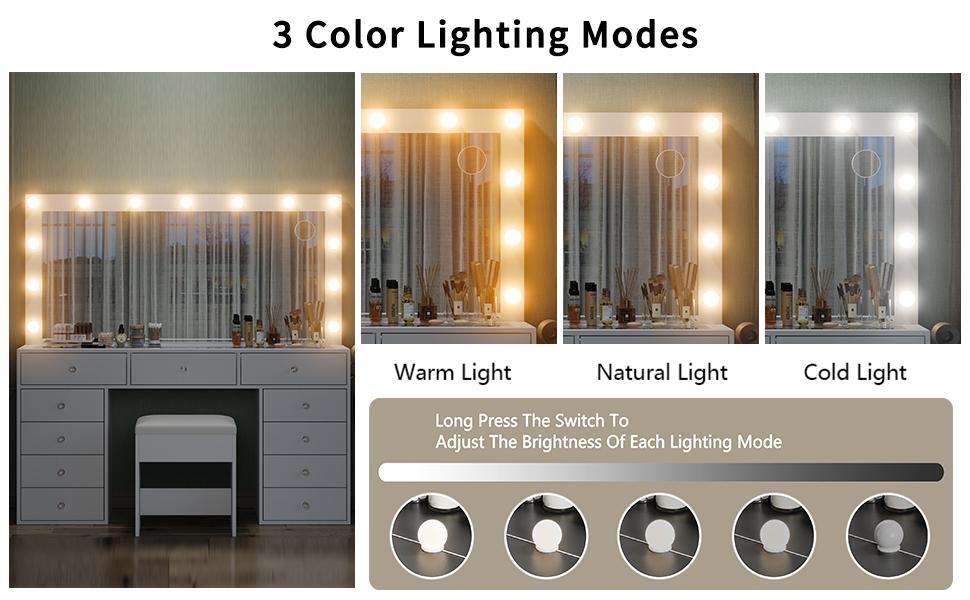 FUSOU 55"W 11 Drawers Makeup Vanity with Charging Station, Vanity Desk with 13 LED Bulbs and HD Mirror,  3 Color Brightness Adjustable, Glass Top Vanity Set for Bedroom, White