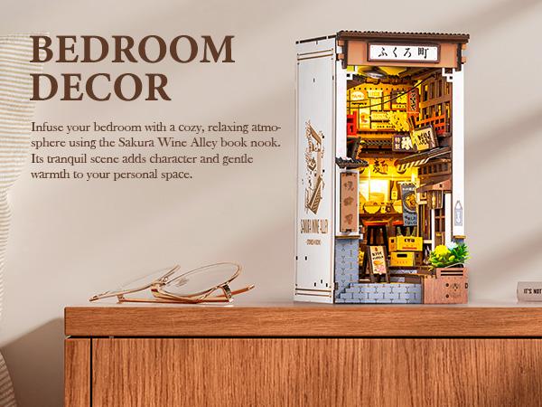 Rolife Book Nook Kit DIY Miniature House Kit for Adults 3D Wooden Puzzle Bookends Bookshelf Diorama Insert Dollhouse Creative Decorative Unique Gifts for Teens and Beginners (Sakura Wine Alley)