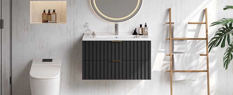 【Valentine's Day gift】ONBRILL 30/36 Inch Bathroom Vanity with Sink Combo, Floating Bathroom Vanity with 2 Fluted Drawers & Metal Handle, Modern Wall Mount Storage Cabinet with Ceramic Integrated Sink for Small Space