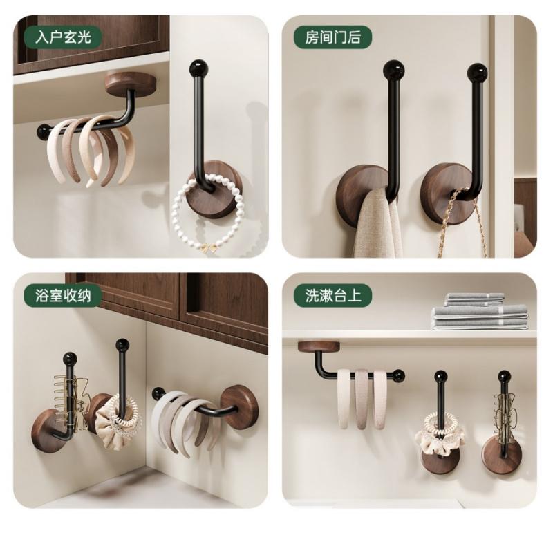 Walnut Wood Bathroom Hair Tie, No-Drill Wall-Mounted Storage Hook, Elastic Band Clip for Jewelry and Hair Accessories, Durable and Stylish Design