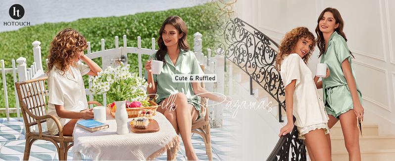 Womens Satin Pajamas Set Button Down 2 Piece Silk Pjs Shorts Set Ruffle Lingerie Notch Collar Sleepwear