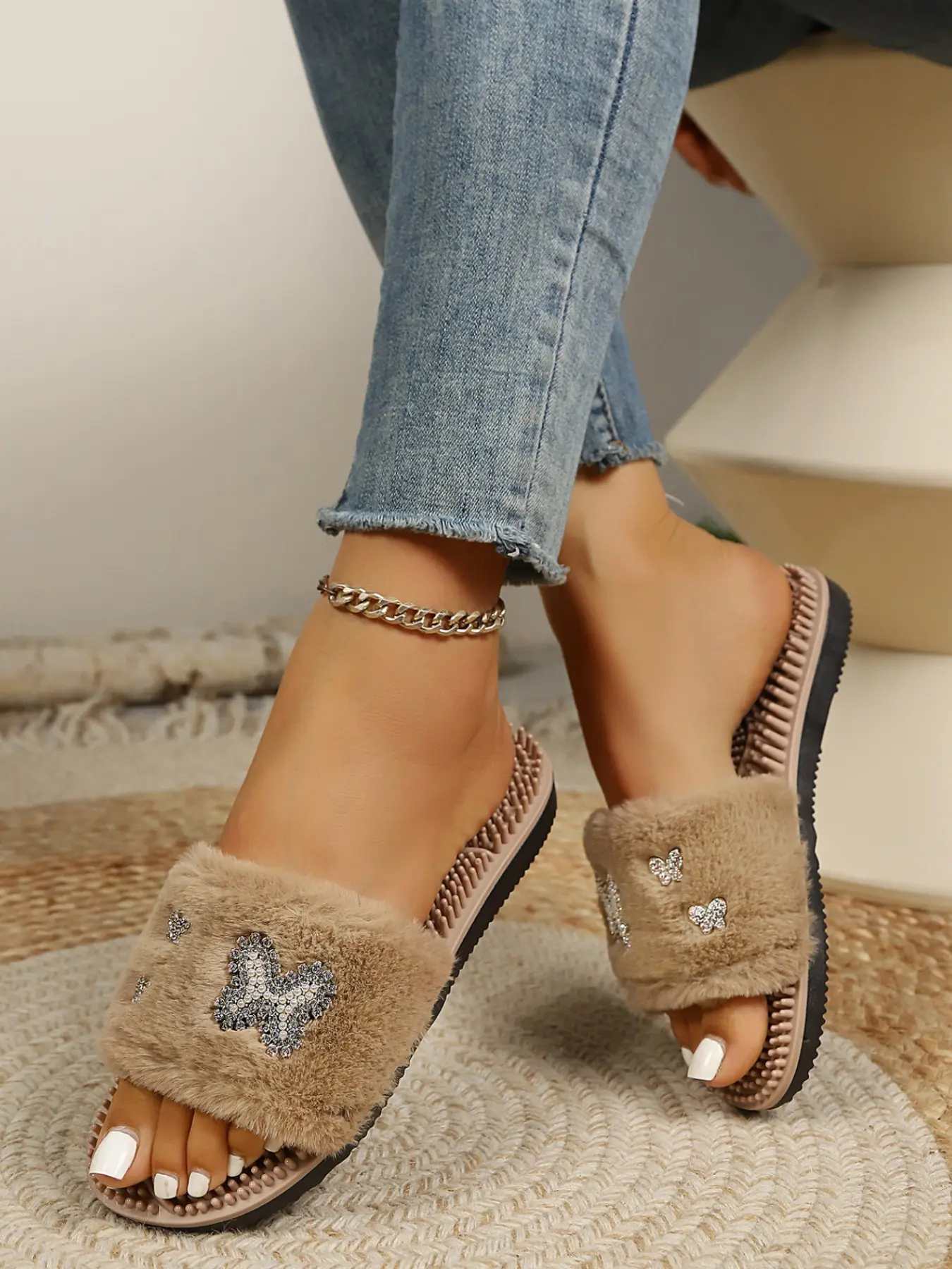 Women's Large Size Rhinestone Butterfly Fuzzy Slippers, Soft Warm Textile Indoor Shoes, Non-Slip Massage Flat Sole, Fall Winter Casual Footwear