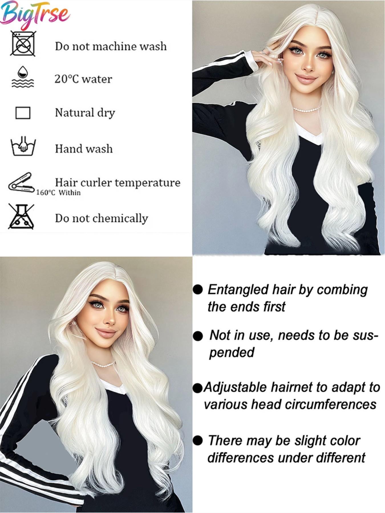 Bigtrse Women's 26-Inch Wavy Synthetic Wig, Platinum, Heat-Resistant Fiber, Natural Hairline, Perfect for Halloween, Parties, Daily Wear