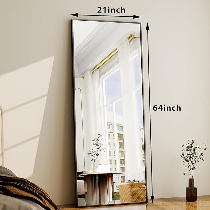 21 in. W x64 in. H Rectangular Full Length Mirror  Home DecorFull Length Mirror Standing Hanging or Leaning Against Wall, Large, Rectangle, Bedroom Wall-Mounted / Floor Dressing Mirror, Aluminum Alloy Thin Frame, Black, 64"x21"