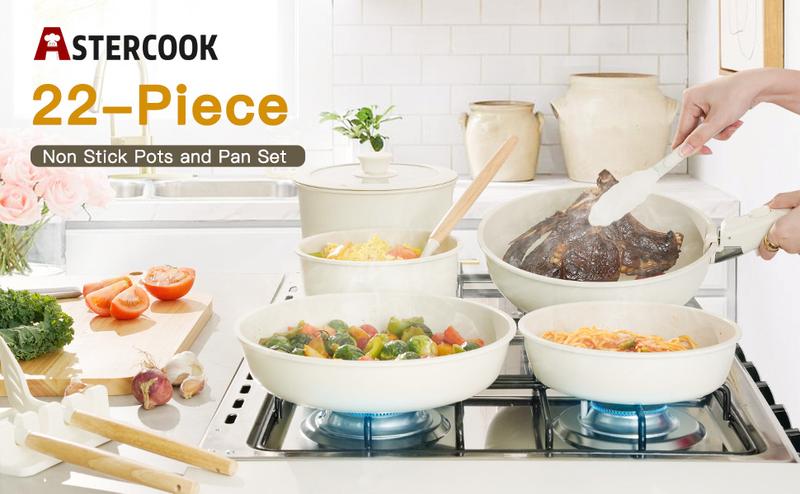 Astercook 22-piece cookware set, white ceramic nonstick cookware set, detachable handle, suitable for induction cooktops, steak frying pan.