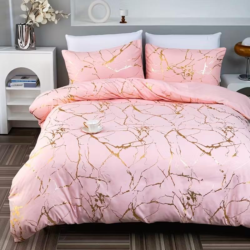 3pcs Classic Gold Texture Digital Print Modern Bedding Set (1 Sheet + 2 Pillowcases), Soft Comfortable Fabric, Suitable for Bedroom & Hotel Dorm