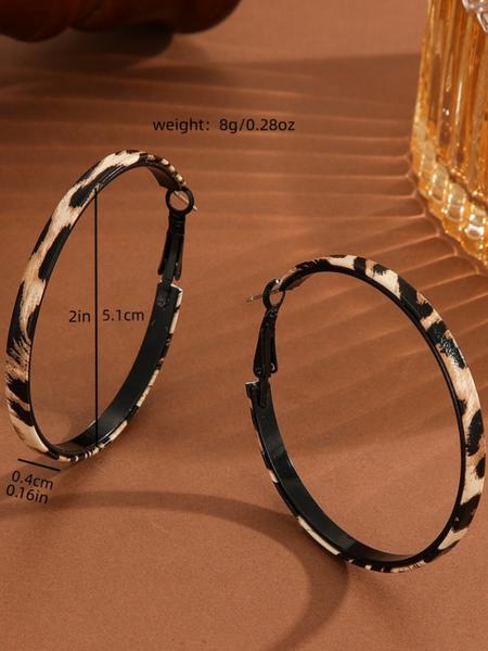 Fashionable Ring Earrings Set, Leather Strap with Letters Leopard Print Design, Unique Personalized Large Hoop Style Jewelry, Versatile Earrings