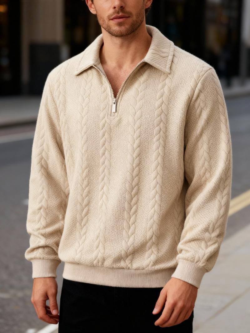 Men's Textured Polo Neck Sweatshirt, Zip Half Button Design, Casual Fitted Pullover, Fall & Winter Essential, Plain Style
