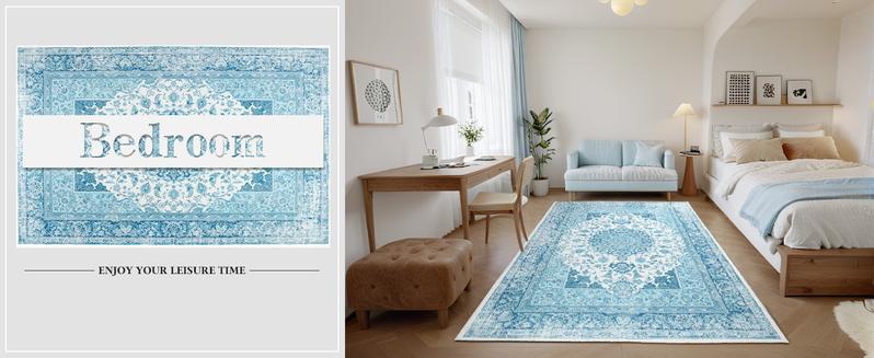 Non-Slip Washable Faux Wool Vintage Boho Rug, Retro Distressed Medallion Carpet 5x7 6x9 ft, Red/Blue Low Pile Soft Mat for Entryway Kitchen Traditional Interiors