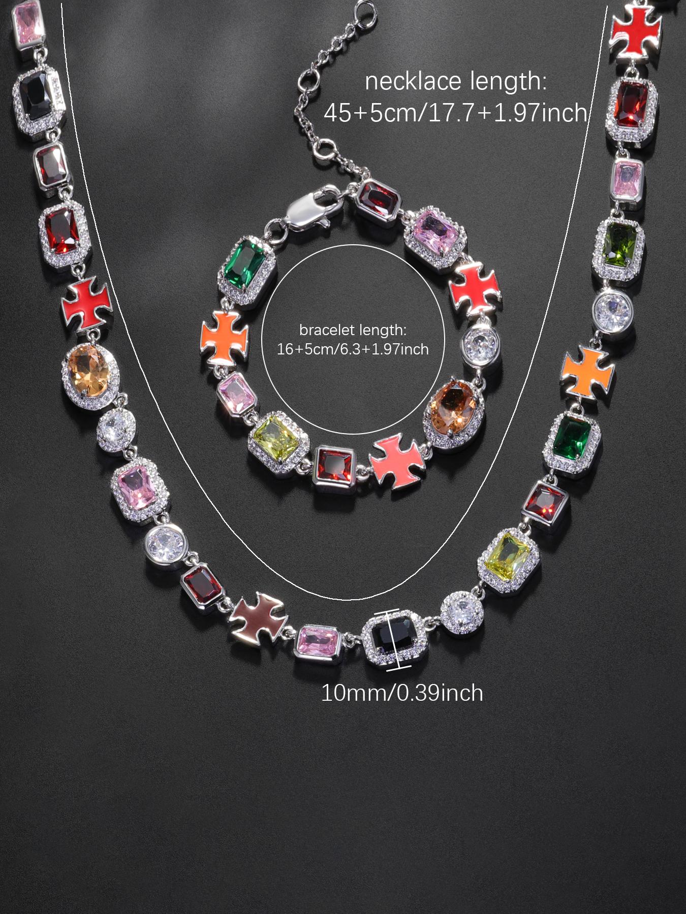 Iced Chics 2pcs/set Necklace Bracelet Set, Zirconia Jewelry Set, Colorful Zircon Cross Drip Pendant, Hip Hop Street Style, Unisex, Perfect Gift, All Seasons