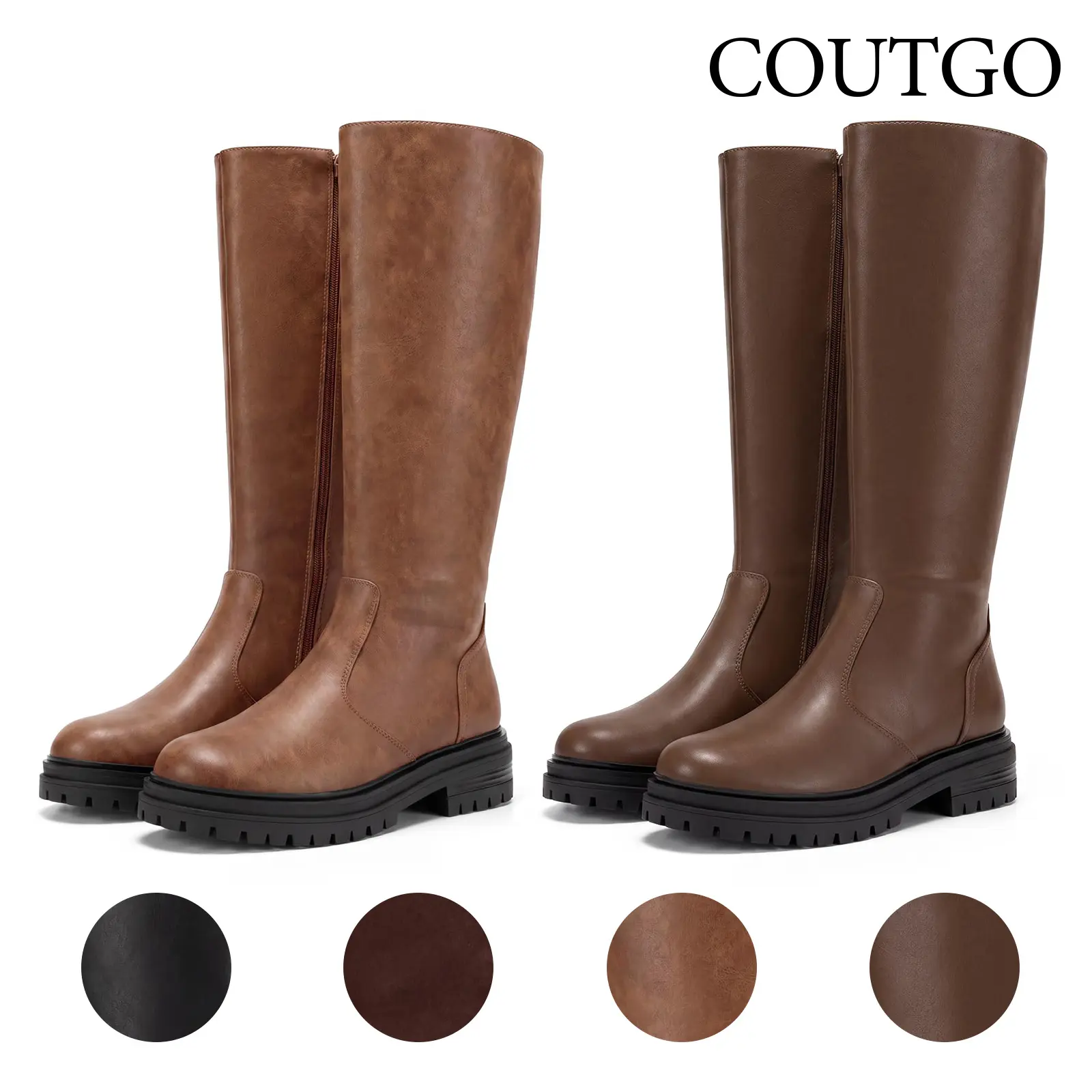 Coutgo Women's Minimalist Plain Knee High Riding Boots - 1.8-in Low Chunky Heel, Rubber Lug Platform Sole, Round Toe, Side Zipper, Dressy Casual Footwear for Fall Winter, Women's Shoes with Rubber Upper for Casual Wear