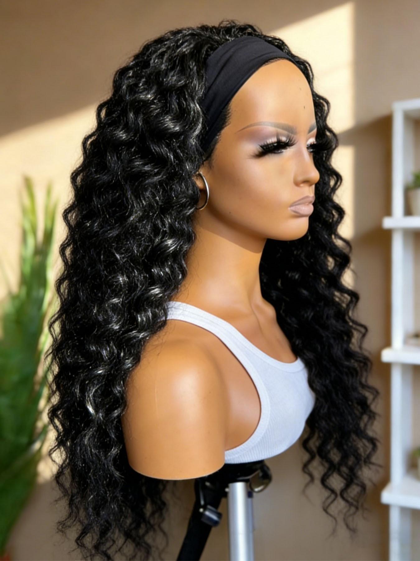 Headband Wig Synthetic Hair Deep Wave, Deep Wavy Hair, 24 Inch Glueless Brazilian Virgin Hair, No Lace Front, Machine Made, for Women