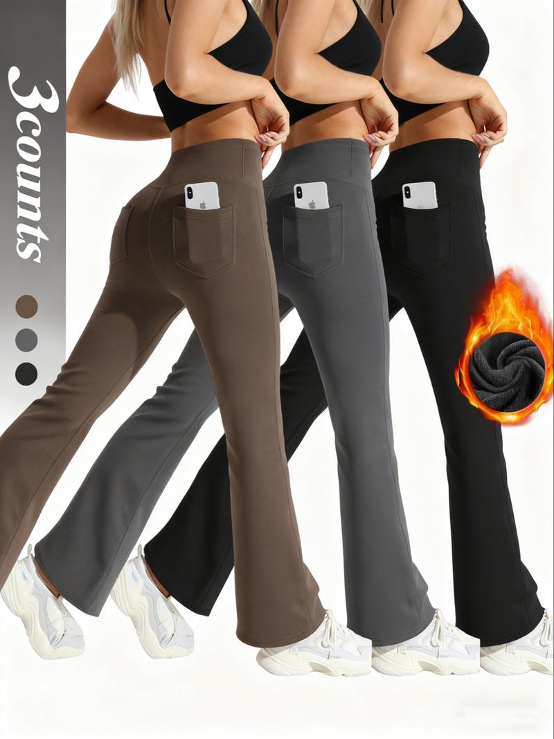 Women's High-Waisted Yoga Flare Pants, Athleisure Pants, Sporty Fitted Design, Thick Fabric, Loose Leg, Pocket Detail, Ideal for Outdoor Fitness