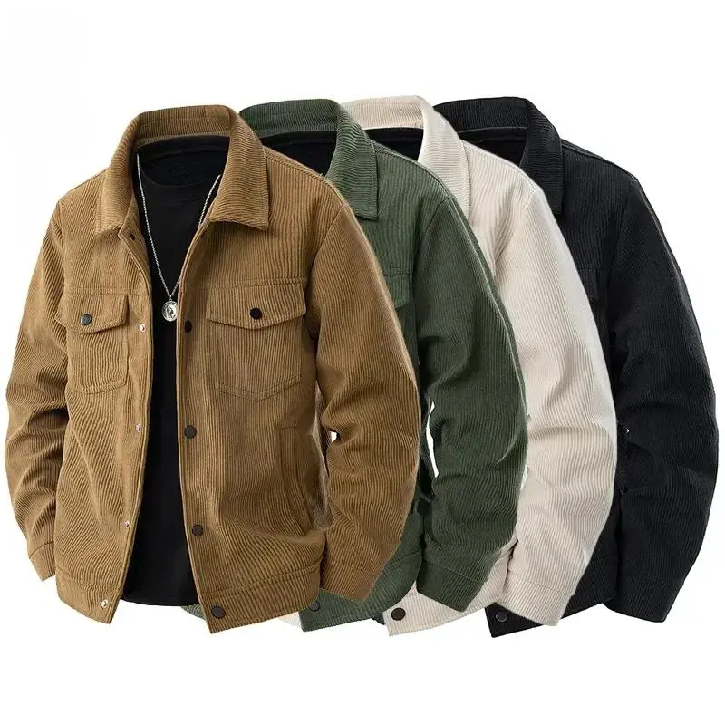 Men's Stylish Regular Fit Plain Corduroy Work Jacket Coats - Casual Long-Sleeve Collared Neck Menswear Top with Button Closure, Flap Pockets, Comfortable for Cooler Seasons Outfits