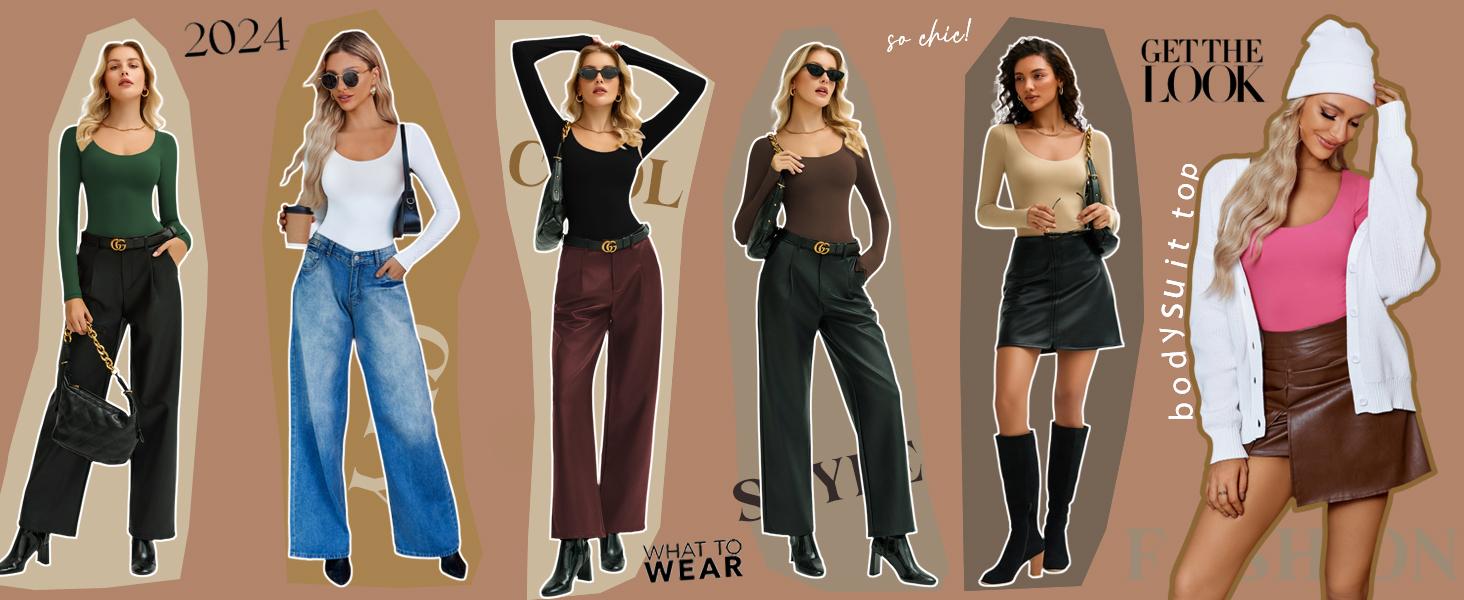 Bodysuits for Women Long Sleeve Body Suits Womens Scoop Neck Bodysuit Double Lined Tops