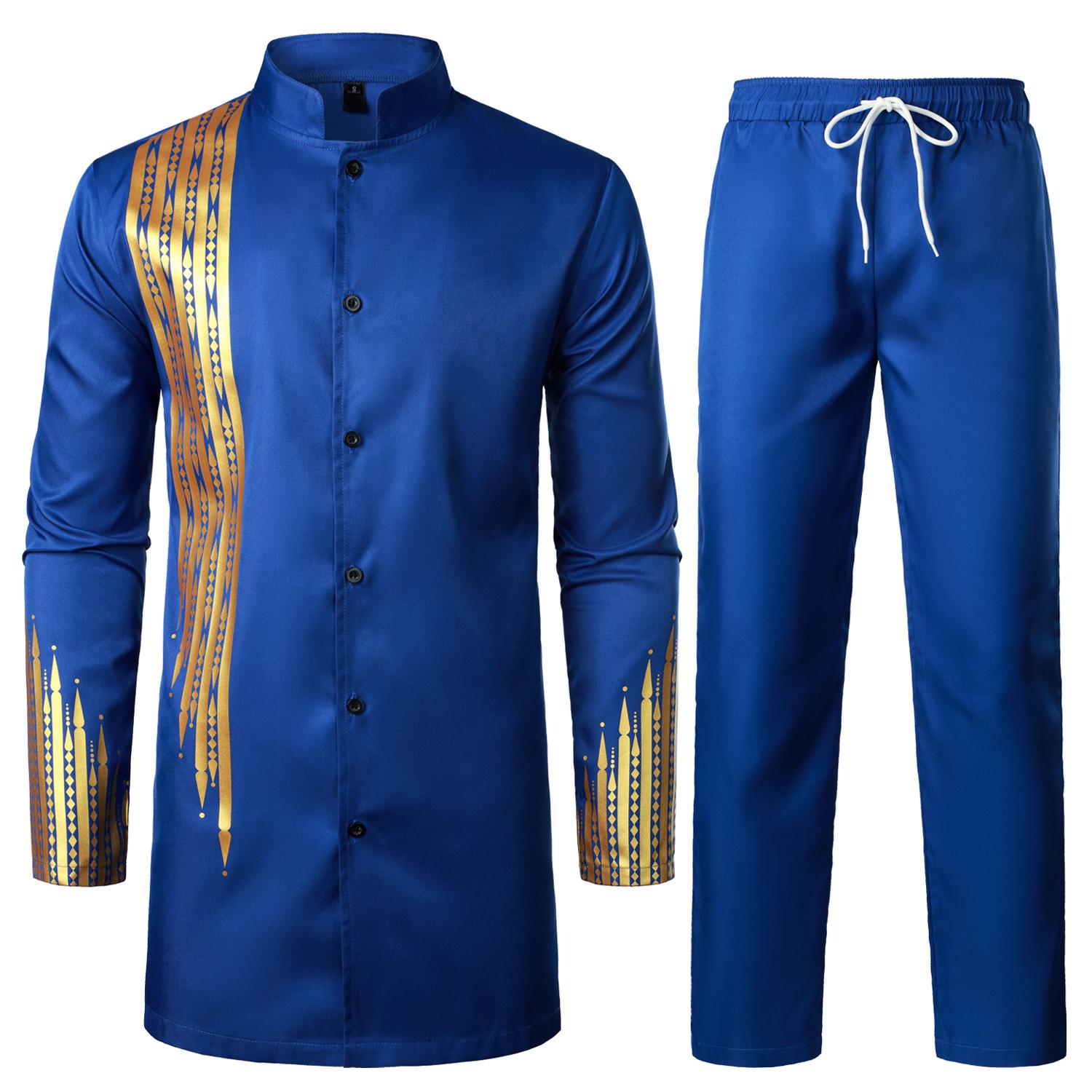 ZEROYAA Men's Traditional Suit Long Sleeve Button up African Dashiki Shirt and Pants Ethnic 2 Piece Outfit Clothes Cotton sets for men clothing men's 2 piece set Cardigan Breathable