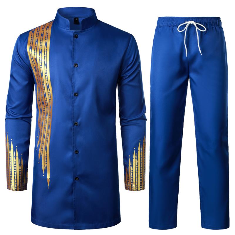 ZEROYAA Men's Traditional Suit Long Sleeve Button up African Dashiki Shirt and Pants Ethnic 2 Piece Outfit Clothes Cotton sets for men clothing men's 2 piece set Cardigan Breathable