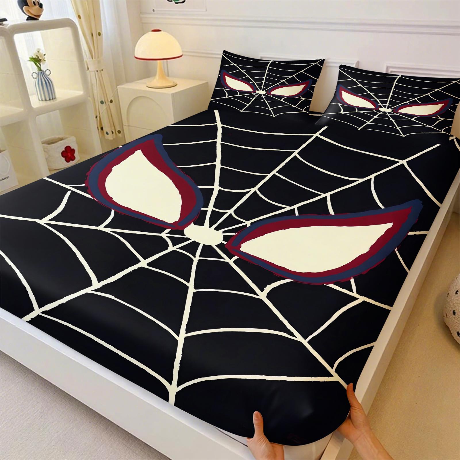 Spider web pattern printed bed sheet, Decorative Bedsheet Sets, warm and comfortable bedding, anti slip dust cover suitable for children's bedroom decoration, including 1 bed sheet and 2 pillowcases