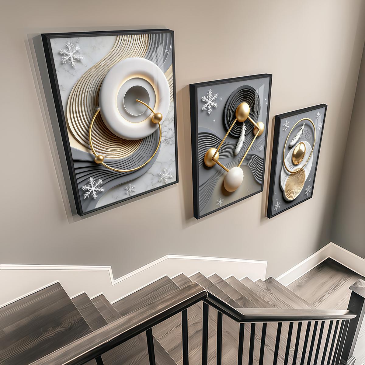 3 Counts Aluminum Alloy Framed Painting, Abstract Geometric Gold Feather Art Pictures, Home Decoration For Living Room, Bedroom, Office, Restaurant, Hallway Wall Decor, Odorless Print Artwork, Luxury Perfect Gift For Friends And Family