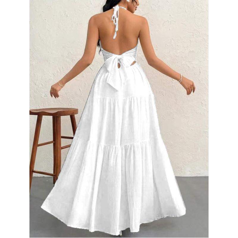 Solid Color Elegant Halter V-Neck Sexy Backless French-Style Temperament Maxi Dress