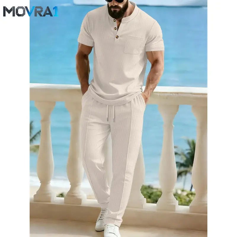 MOVRA1 Men's Casual Classic Collar Two-Piece Set Clothes, Matching Outfits Set, Menswear Short Sleeve Button-Up Shirt with Matching Pants, Perfect Beach Vacation
