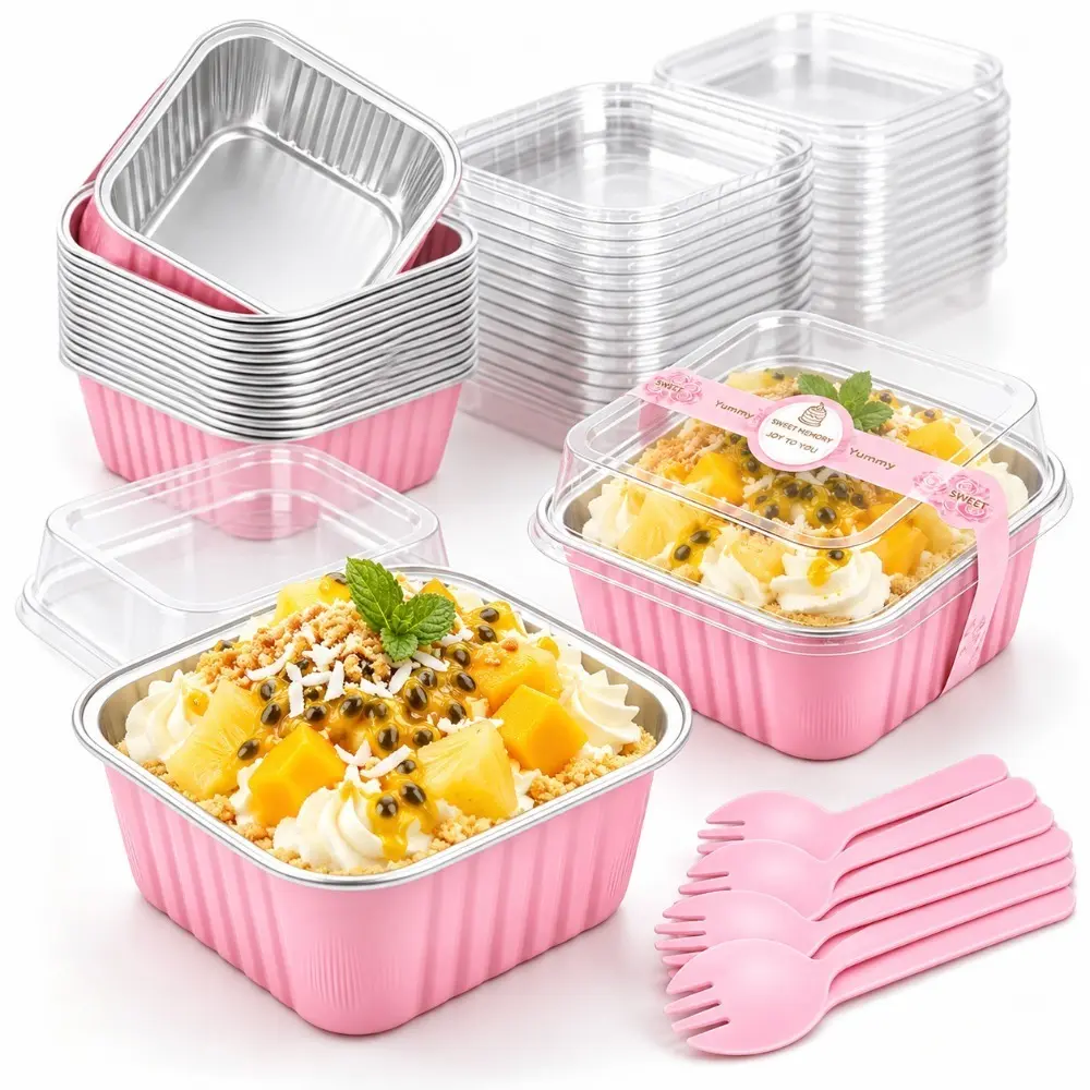 25pcs Mini Square Cake Pans With Lids And Spoons, Pink Aluminum Foil Baking Cups For Brownies, Cheesecake, Cupcakes, Pudding And Homemade Desserts