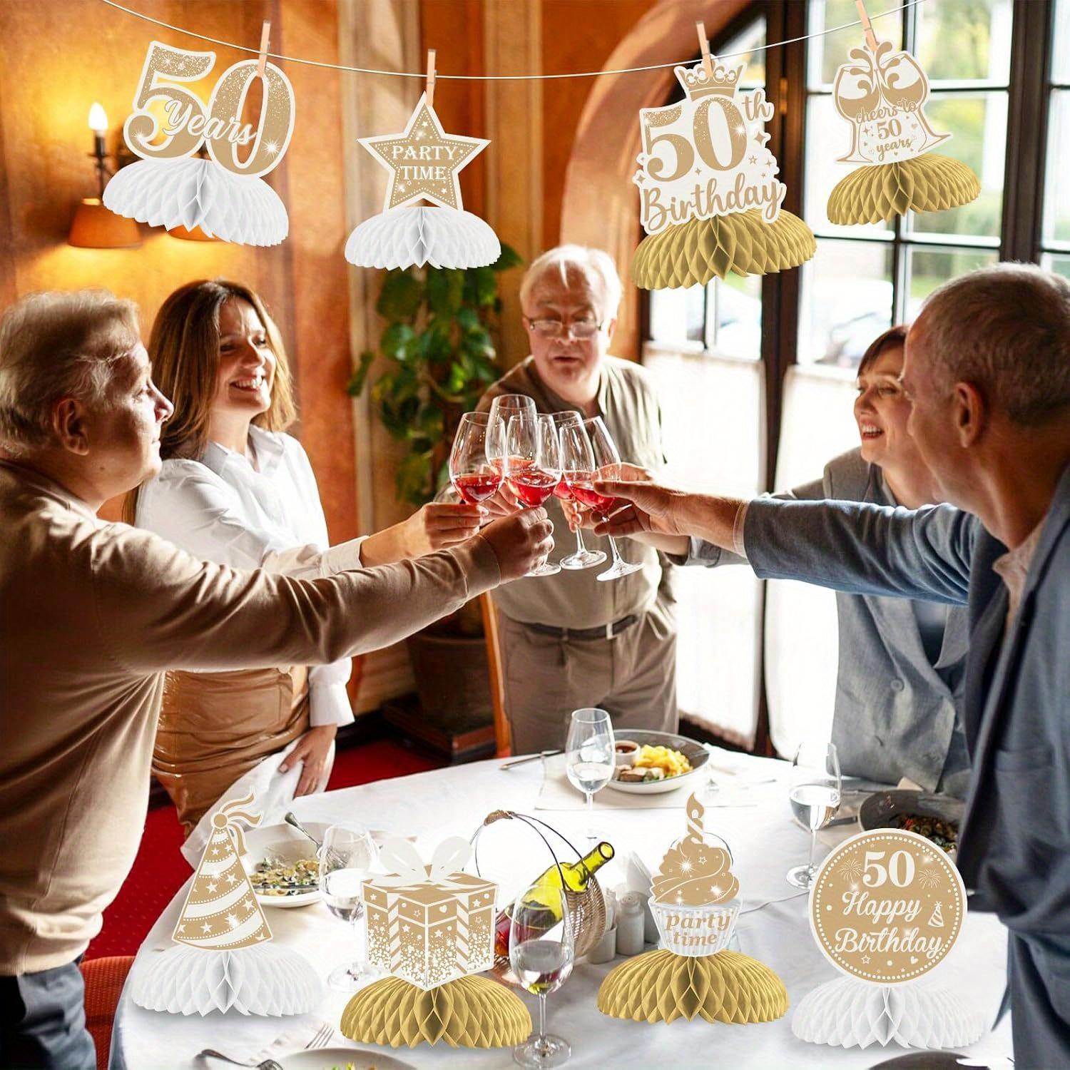 8 Pieces Boho 50th Birthday Honeycomb Centerpieces  White and Gold 50th Birthday Decorations for Women Men White Beige Fifty Birthday Table Toppers Party Supplies