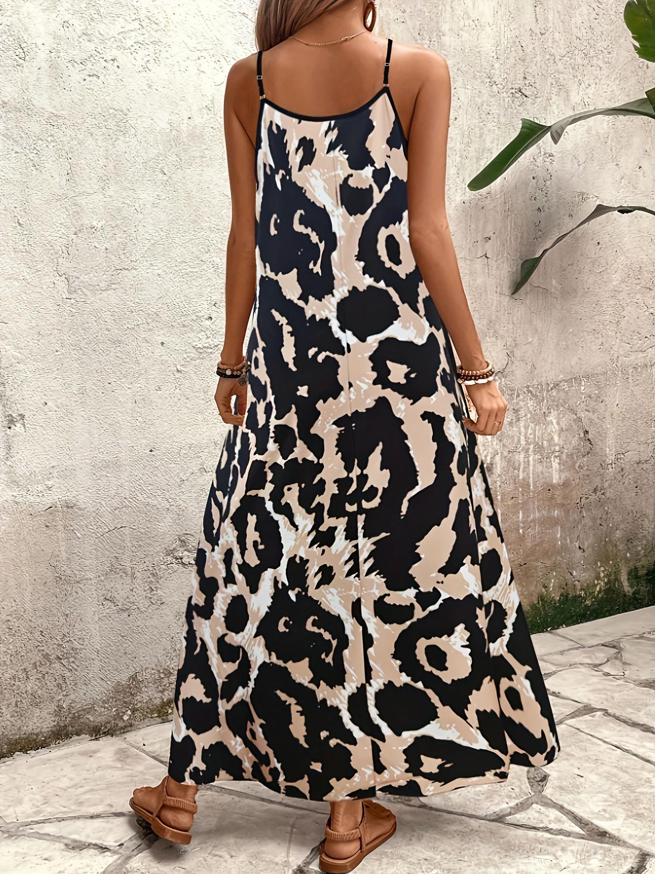 Three Color Options Leopard Print V-Neck Strapless Long Dress, Lightweight Soft Sleeveless A-Line Maxi Dress, Elegant Evening Gown