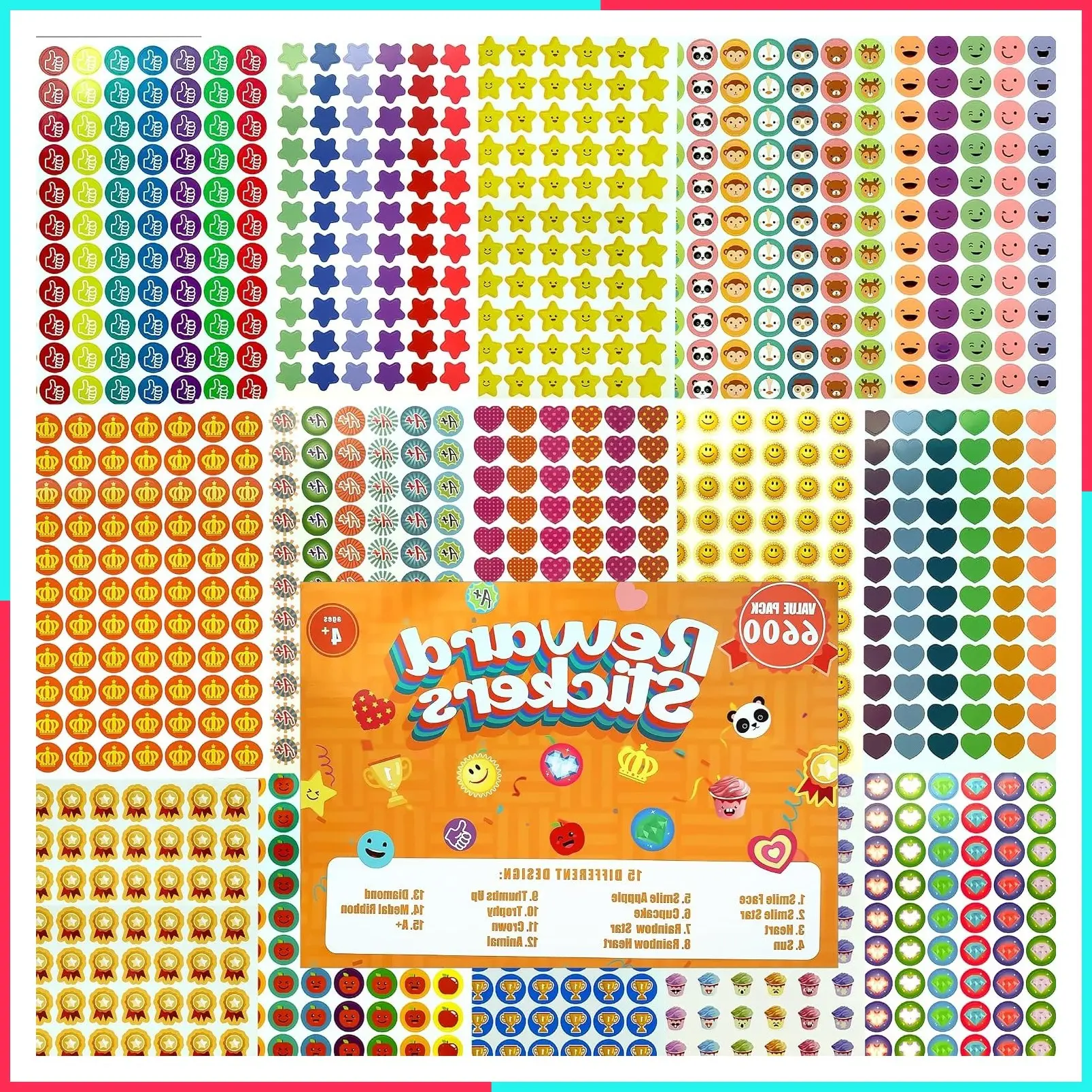 Student Reward Stickers, Teacher Essentials & Supplies, 6600 PCS Incentive Stickers, 75 Sheets of 15 Different Designs, Star Shaped Stickers (Coloration-1)