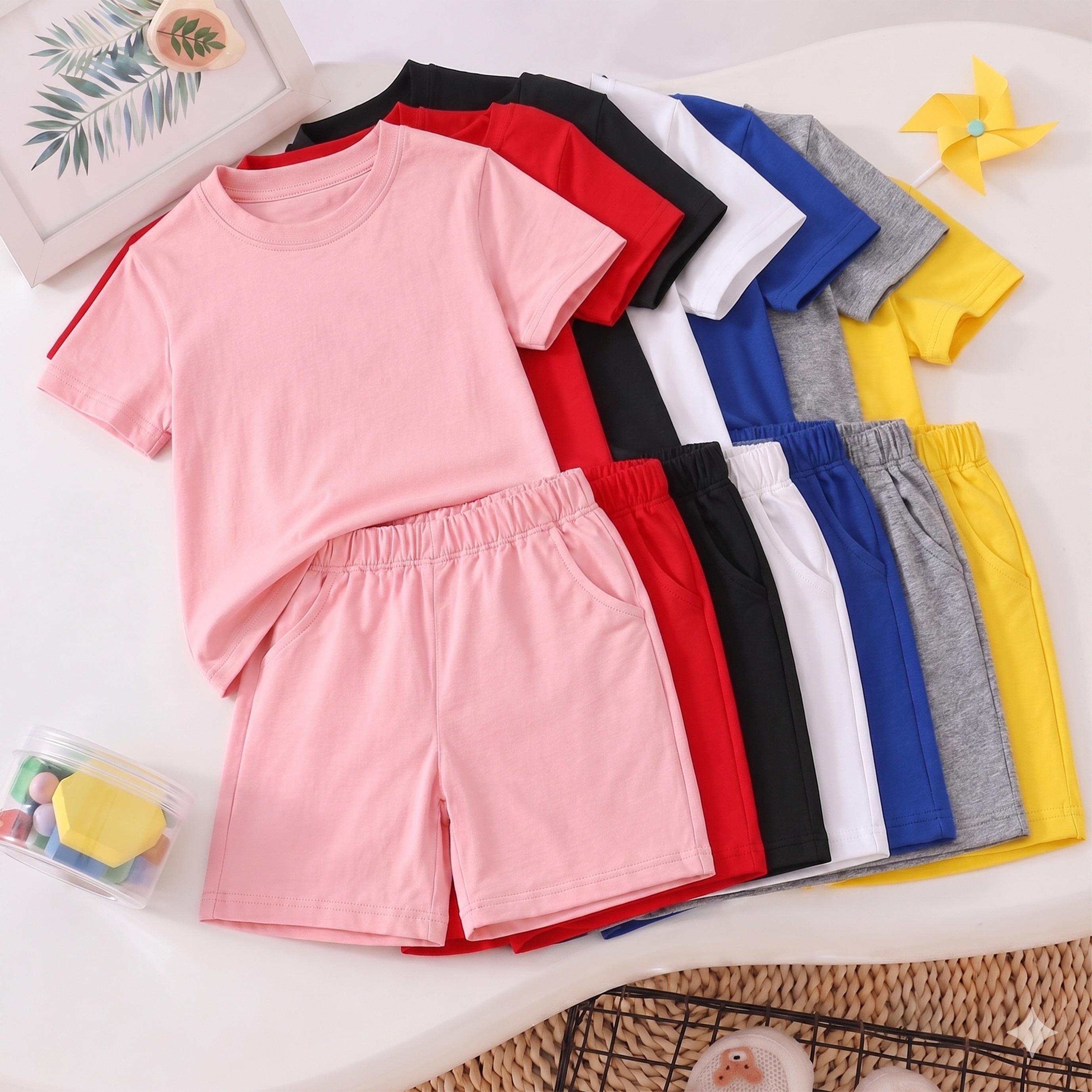 Kids’ Cartoon Shark Graphic Short Sleeve T-Shirt and Shorts Set, Casual Summer 2-Piece Outfit, Comfortable Crew Neck Clothing Set for Daily Wear, Outdoor Play, School, Vacation and Weekend Adventures