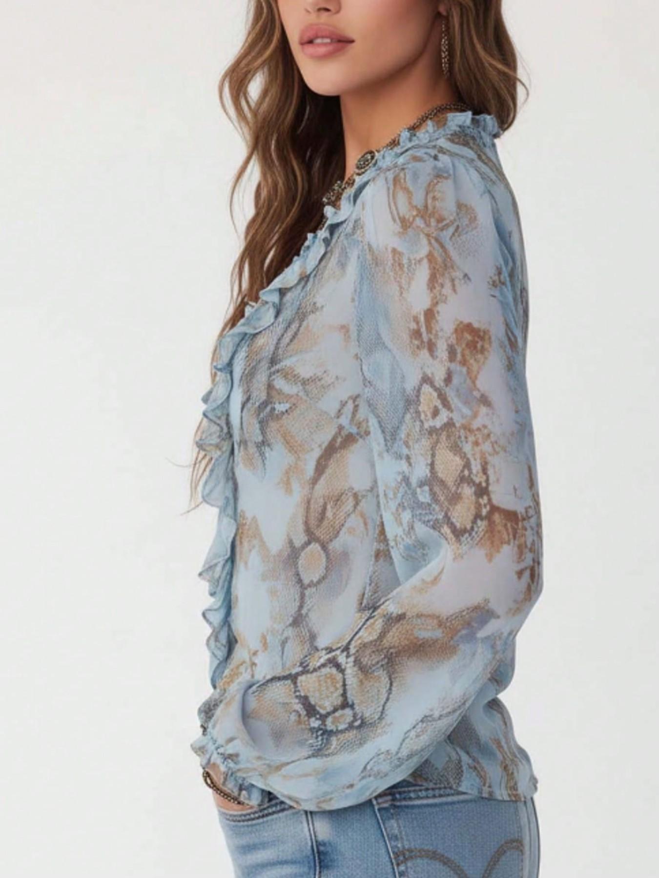 Women's Deep V Neck Snake Print Chiffon Blouse Shirts, Loose Fit Long Sleeve Top, Transparent Design, Holiday Style, Fashionable Women's Clothing