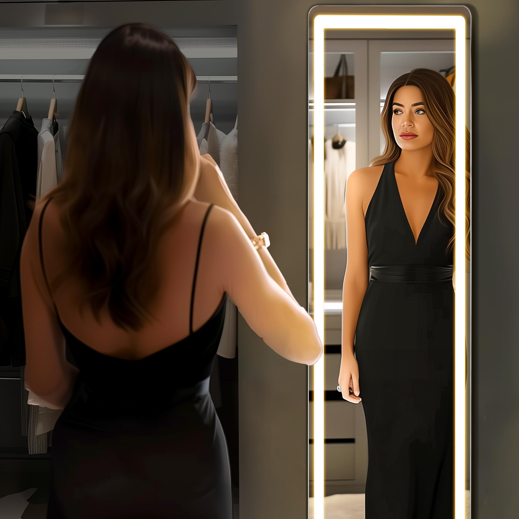 Full Length LED Vanity Mirror with Stand, Dimmable 3 Color Lighting, Wall Mount or Floor Use Aluminum Alloy Frame Durable Glass Mirror with Switch for Bedroom Living Room Decor Standing