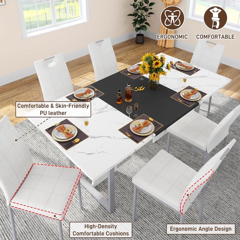 70IN Large Dining Table for 4 5 6 People,White Kitchen Dinner Table W/Marble-Color Wood Waterpoof Tabletop,Rectangular Family 6FT Dining Tables w/Adjustable Leg for Office Home Living Dining Room