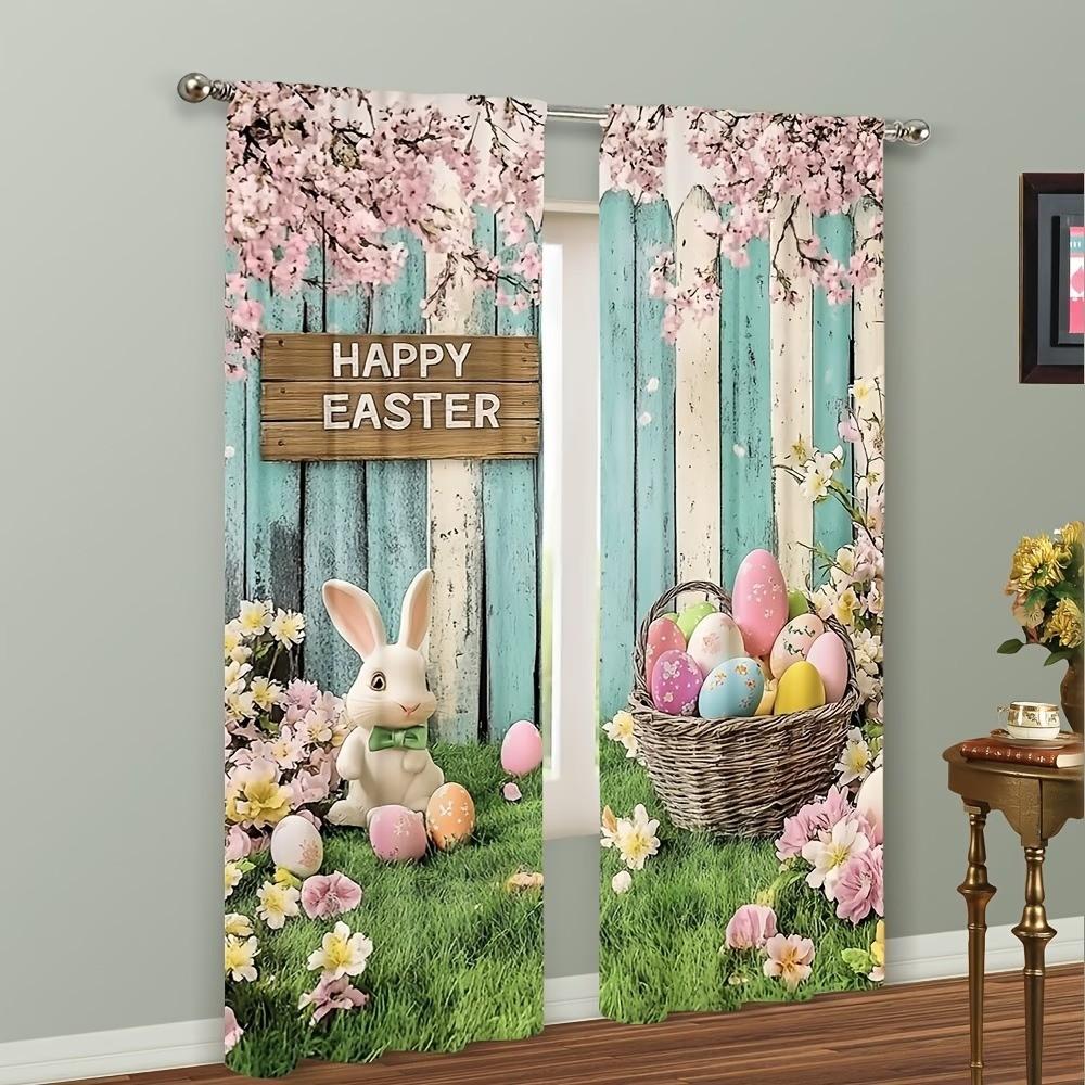 2-piece set of spring Easter pastoral rabbit Easter egg curtains, living room and bedroom decorative curtains, semi transparent polyester fabric, preferred for children's room curtains, year-round home decoration