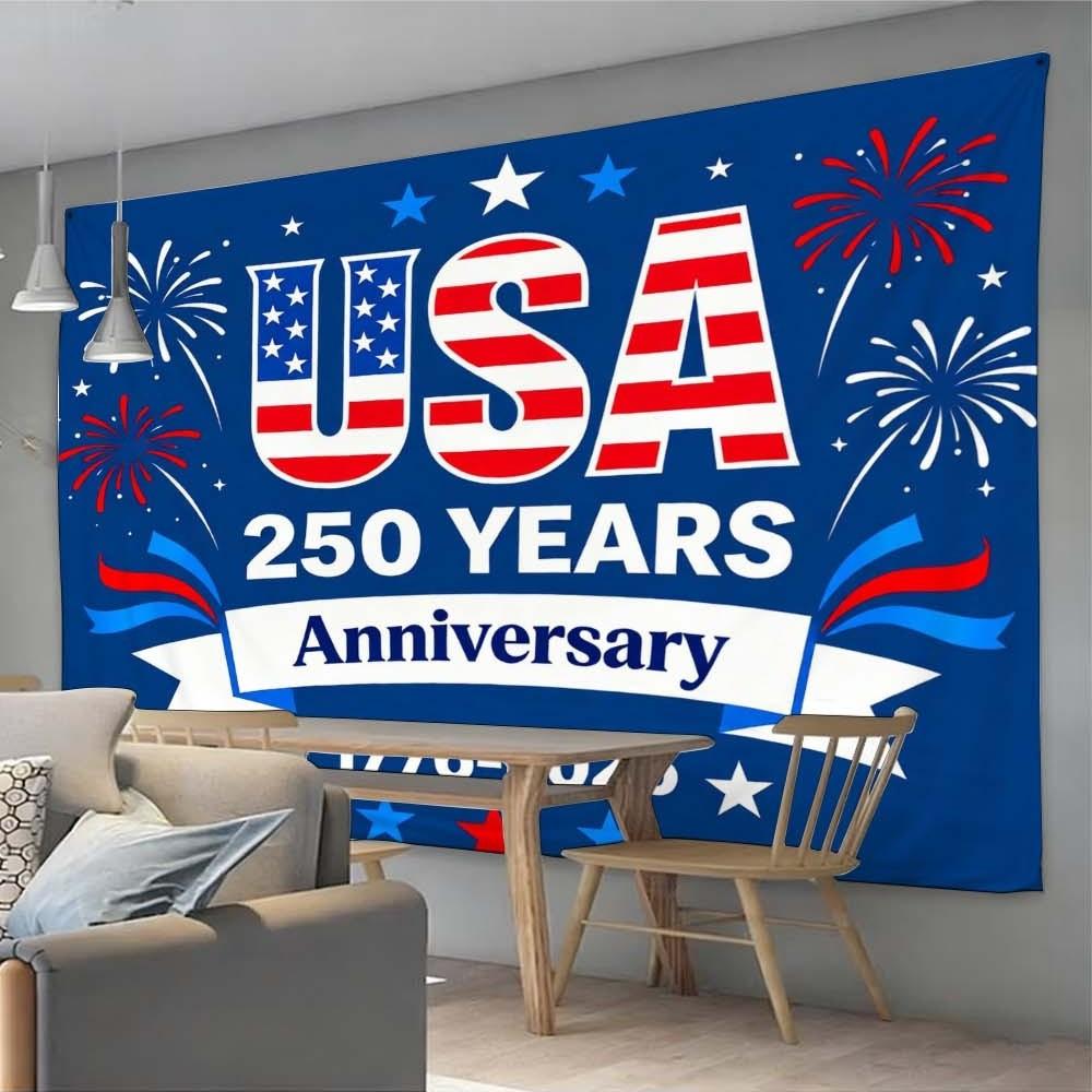 1PC USA 250 Years Anniversary Tapestry Wall Decoration Fabric for Independence Day Celebration Living Room and Bedroom Atmosphere Enhancement Fireworks Pattern for Daily Gatherings and Festive Home Decor