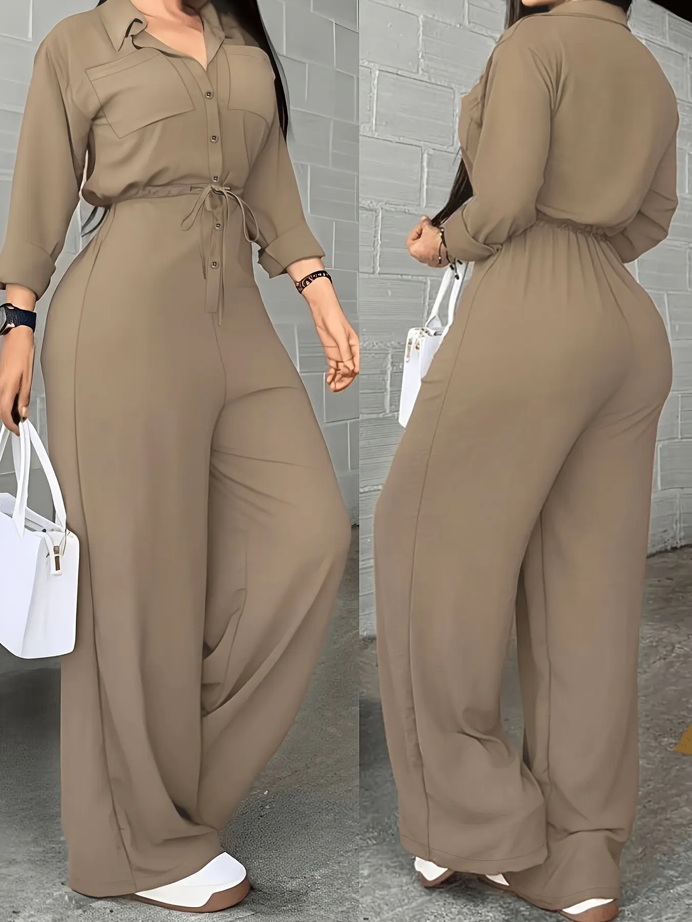 Women's Long Sleeve Jumpsuit, Slim-Fit High-Waisted Design, Drawstring Waist, Perfect for Fall & Winter Events, Elegant and Simple Style