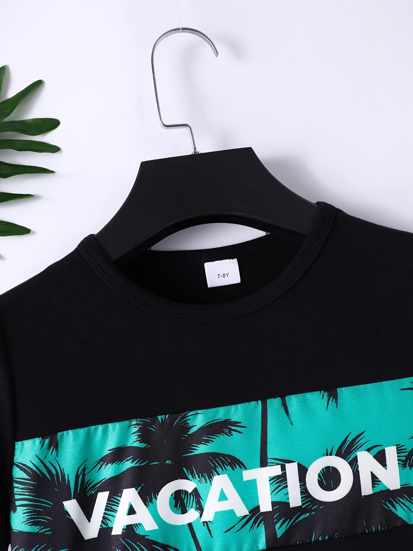 Boys 2-Piece Tropical Palm Tree Print Set, Clothing Sets, Outfit, Casual Fitted Short Sleeve T-Shirt and Track Shorts for Outdoor Play, Stylish Kids Clothing
