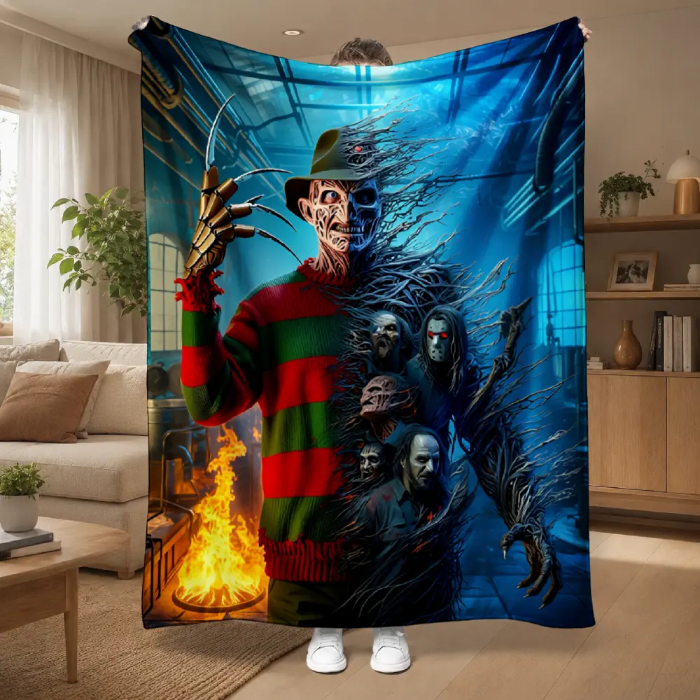 Freddy Krueger is wearing a striped sweater and clawed gloves, surrounded by horror characters in a blue flame scene - a four-season flannel blanket suitable for the living room and office, machine washable, and a great gift for parents and friends